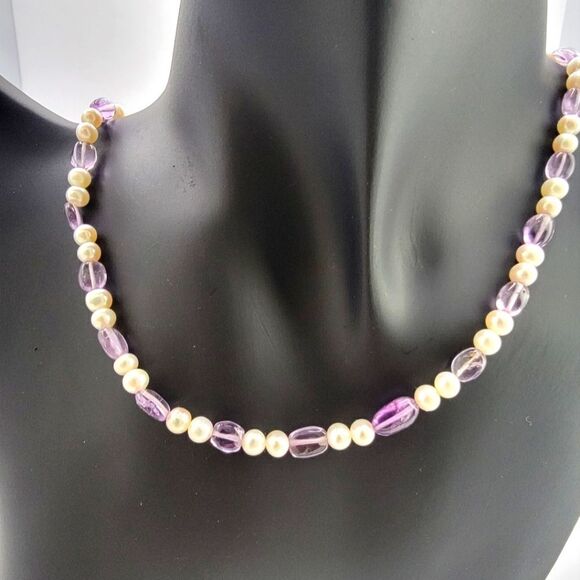 NEW Amethyst and Freshwater Pearl Necklace with Yellow Gold Clasp - Picture 1 of 6
